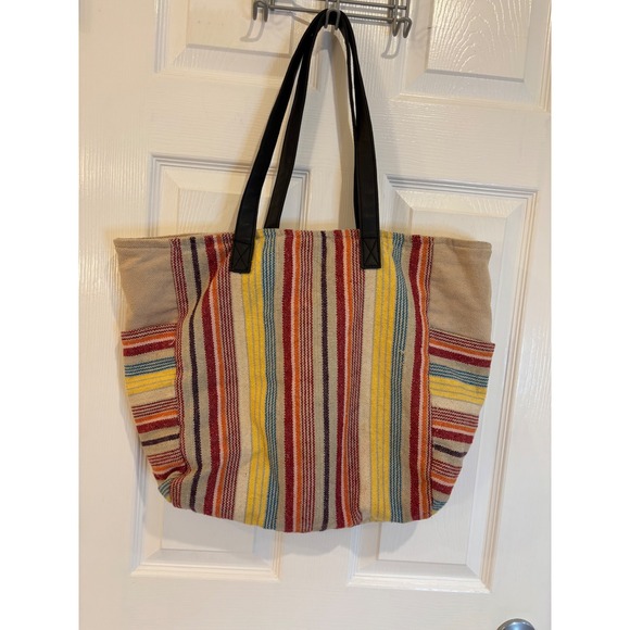 Striped Tote Bag Canvas Shoulder Bag Beach Bag Colorful Boho Travel Handbag - Picture 1 of 6